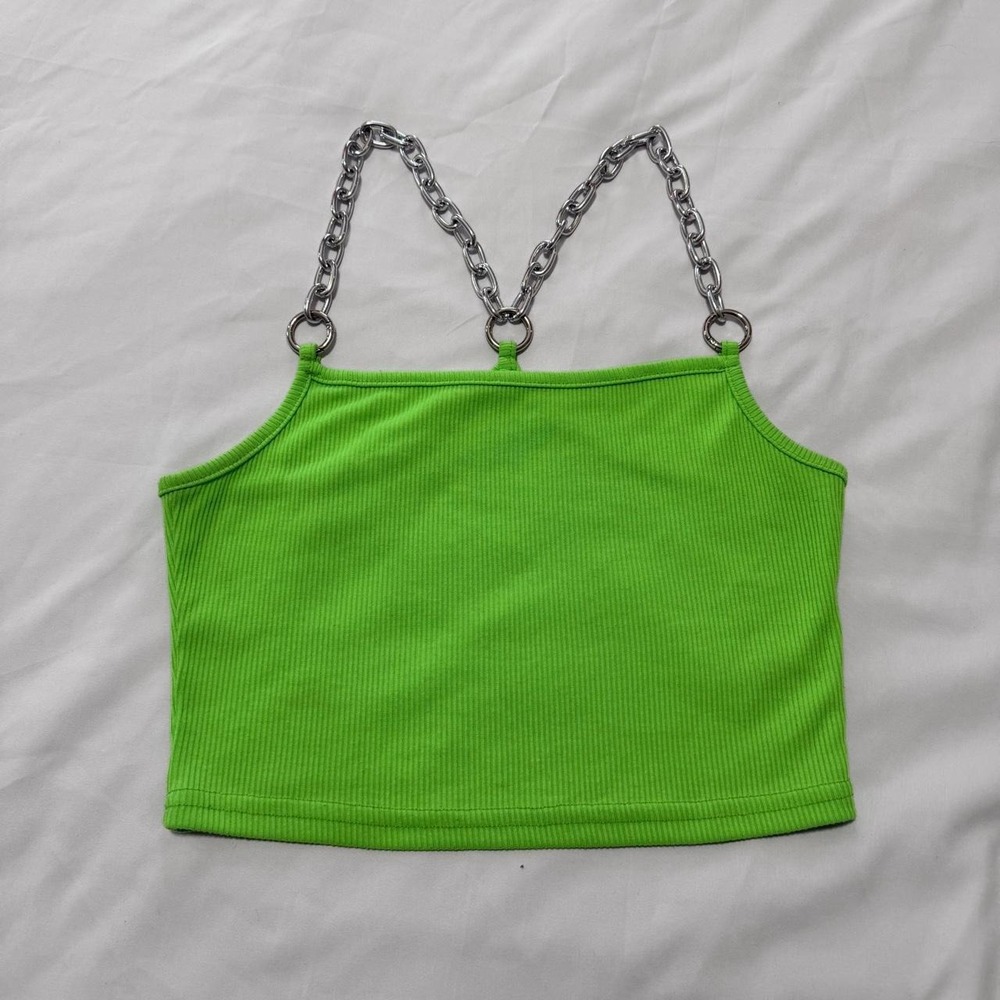 Romwe Neon Green Ribbed Chain Strap Crop Top Y2K Festival Rave Size L